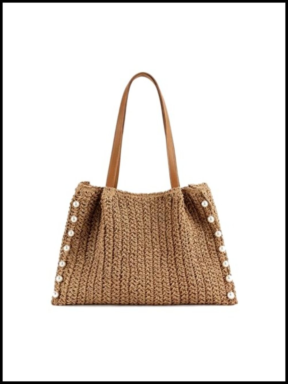 Woven Straw Tote Bag with Pearls - Summer Beach Handbag, Shoulder Bag